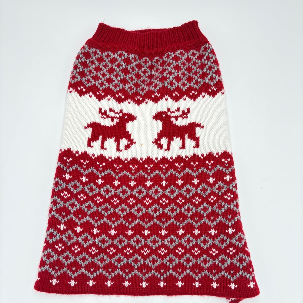 Dog Christmas Fair Isle Sweater Knit Red & White with Reindeer Size L Telluride